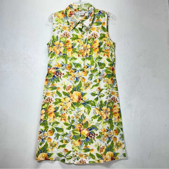 **SOLD**Vintage MATCH 100% linen midi shirt dress sleeveless floral collared USA - Picture 1 of 16